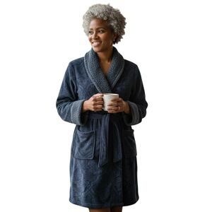 Macy’s M Collection Plush Embossed Robe Blue Shawl Collar Tie Belt One Size